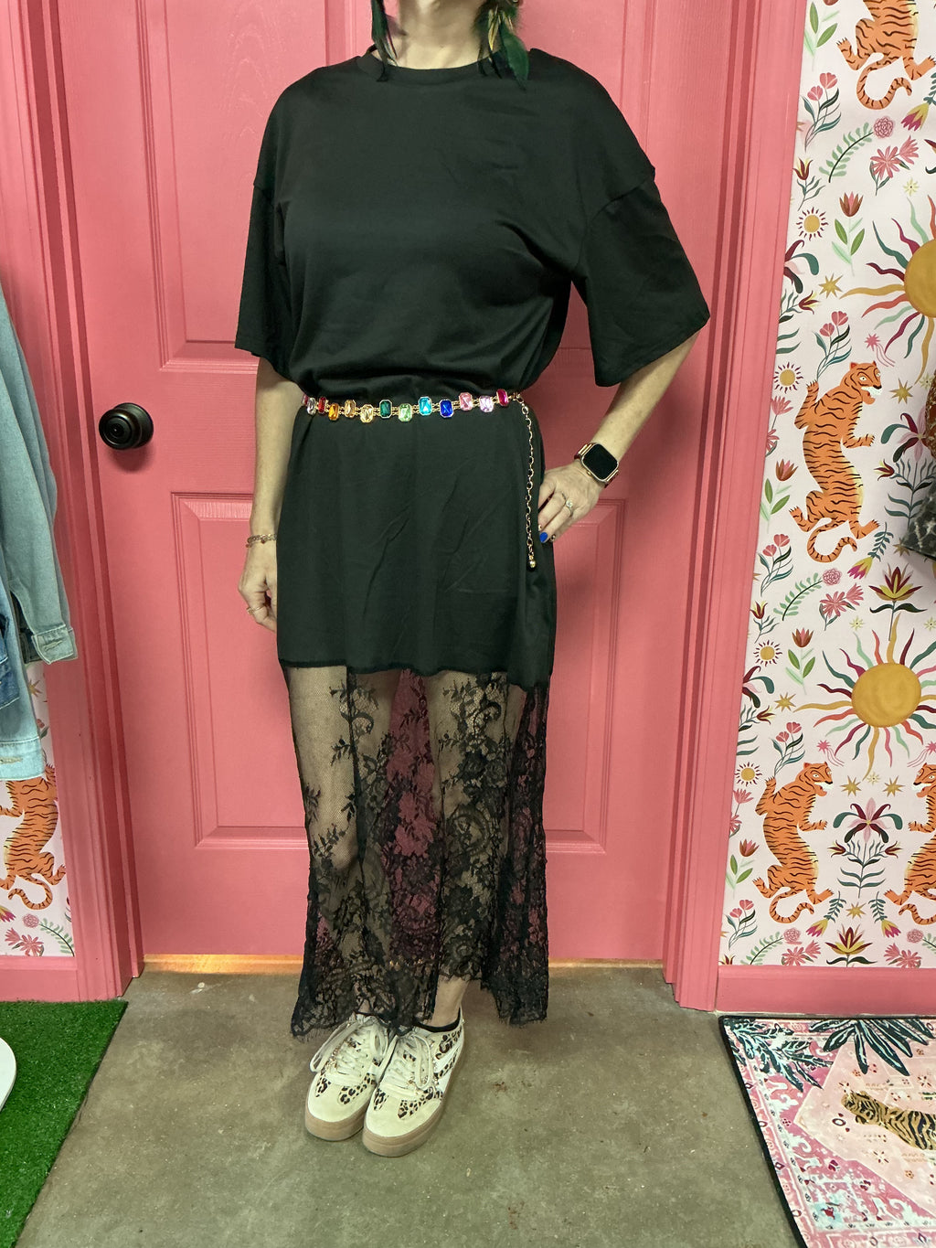 lace t shirt dress Long bottom tshirt – Tiny Weld knee length Color:Black with Multicolor Embroidery Long Sleeve Lace Wedding Endless possibilities