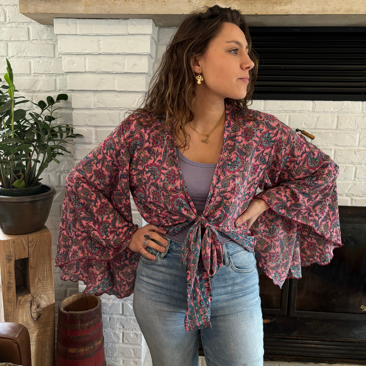 Silk Flutter Sleeve Tie Top | 100% Silk One Size | Pink Paisley