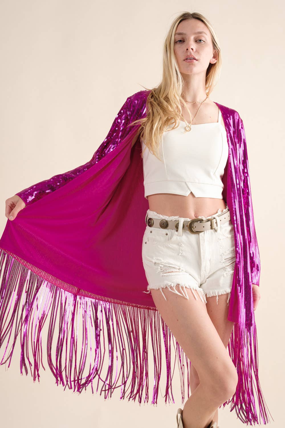 Sequin Fringe Star Back Open Cardigan - hot pink