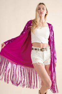 Thumbnail for Sequin Fringe Star Back Open Cardigan - hot pink