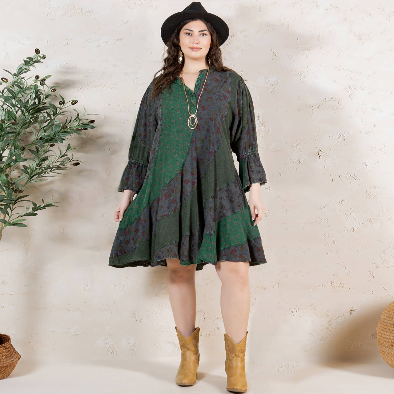 Boho Patchwork Overdyed Babydoll Dress | Young Threads