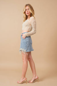 Thumbnail for Stretch Denim Embellished Pearl Fringe Mini Skirt: MED WASH