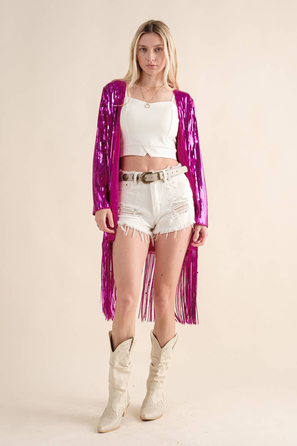 Sequin Fringe Star Back Open Cardigan - hot pink
