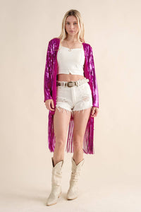 Thumbnail for Sequin Fringe Star Back Open Cardigan - hot pink