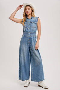 Thumbnail for DENIM SLEEVELESS SHIRT JUMPSUIT: MED.WASH