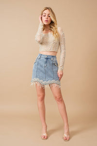 Thumbnail for Stretch Denim Embellished Pearl Fringe Mini Skirt: MED WASH