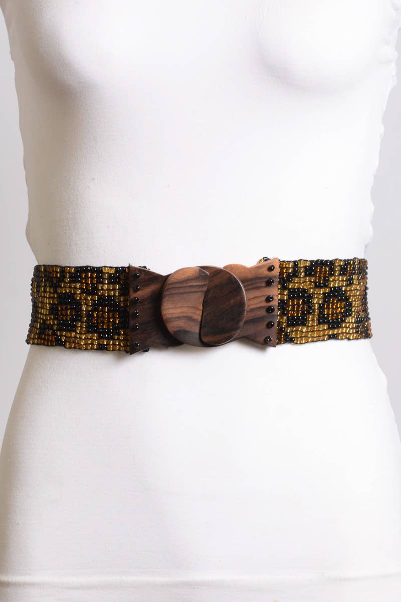 Leopard Beaded Belt: Stretchy with Wooden Buckle