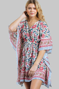 Thumbnail for Short Printed Caftan: Coral and Blue