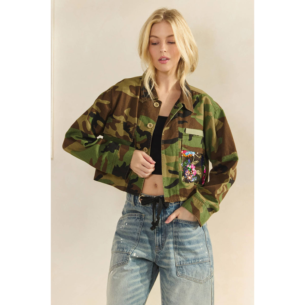 Camo Sequins Contrast Jacket: Camo Sequin
