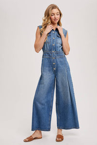 Thumbnail for DENIM SLEEVELESS SHIRT JUMPSUIT: MED.WASH