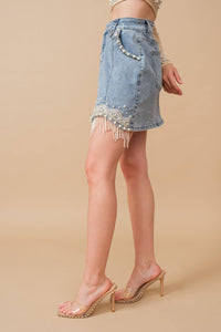 Thumbnail for Stretch Denim Embellished Pearl Fringe Mini Skirt: MED WASH
