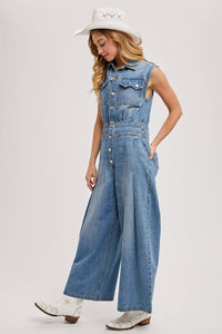 Thumbnail for DENIM SLEEVELESS SHIRT JUMPSUIT: MED.WASH