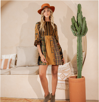 Thumbnail for Rustic Bohemian: Fit and Flare Patchwork Mini Dress | Young Threads