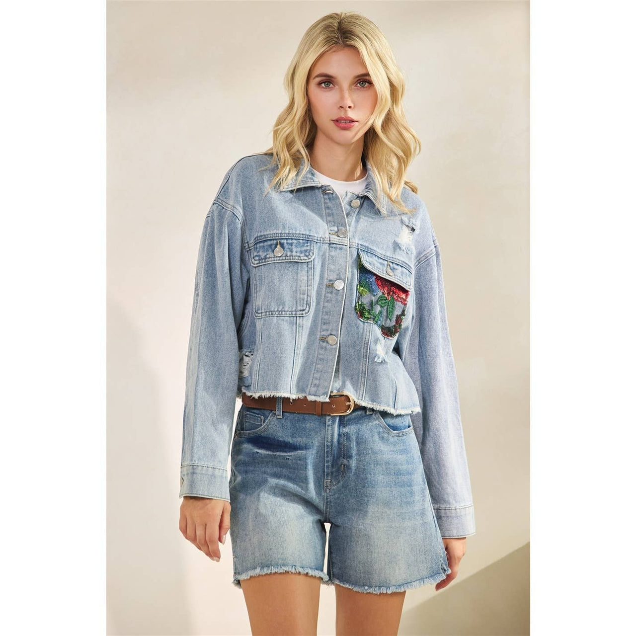 Classic Denim Jacket with Lace Floral Contrast: Med Wash