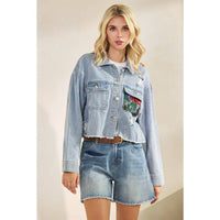 Thumbnail for Classic Denim Jacket with Lace Floral Contrast: Med Wash