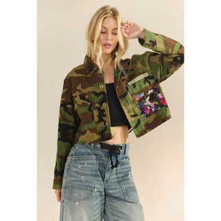 Camo Sequins Contrast Jacket: Camo Sequin