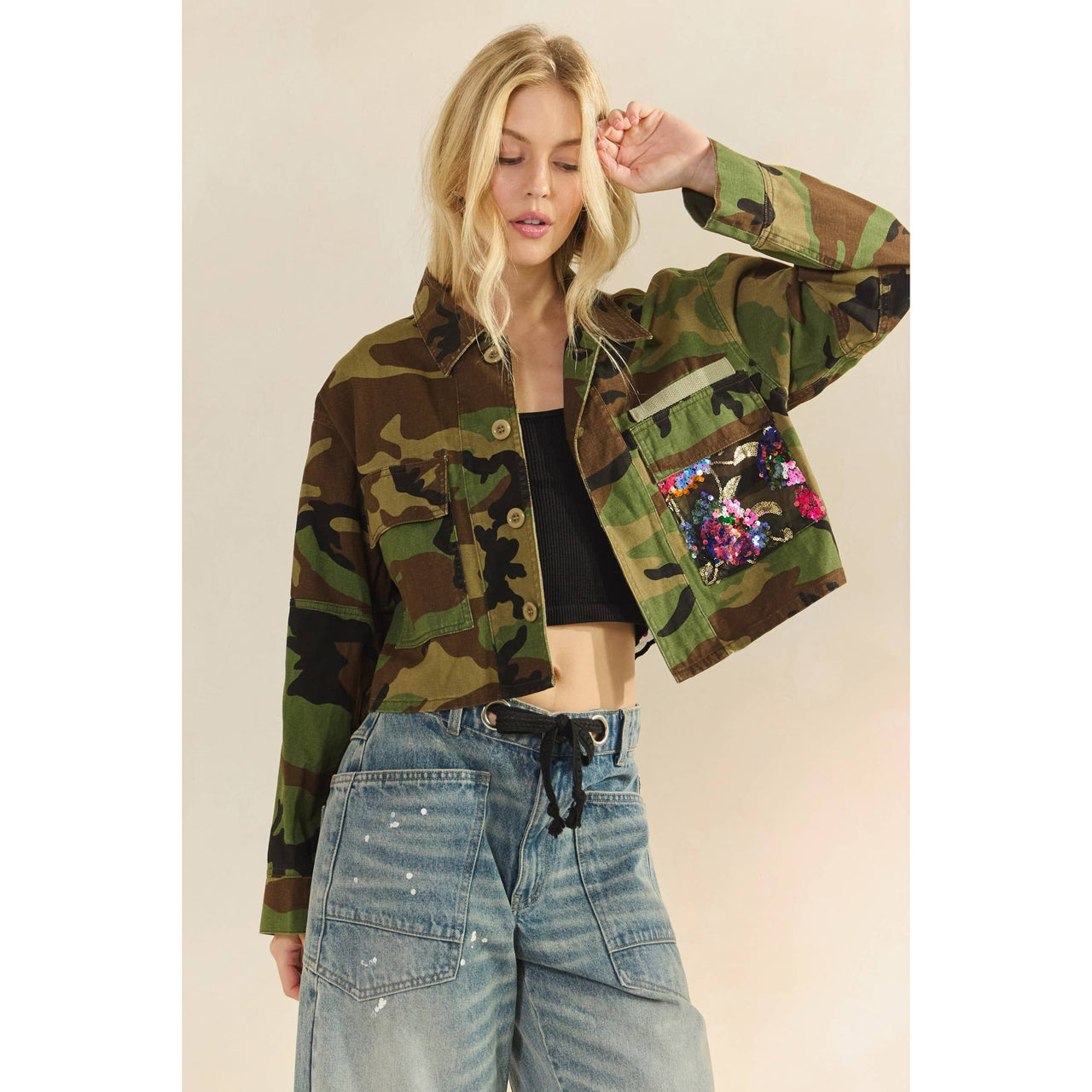 Camo Sequins Contrast Jacket: Camo Sequin