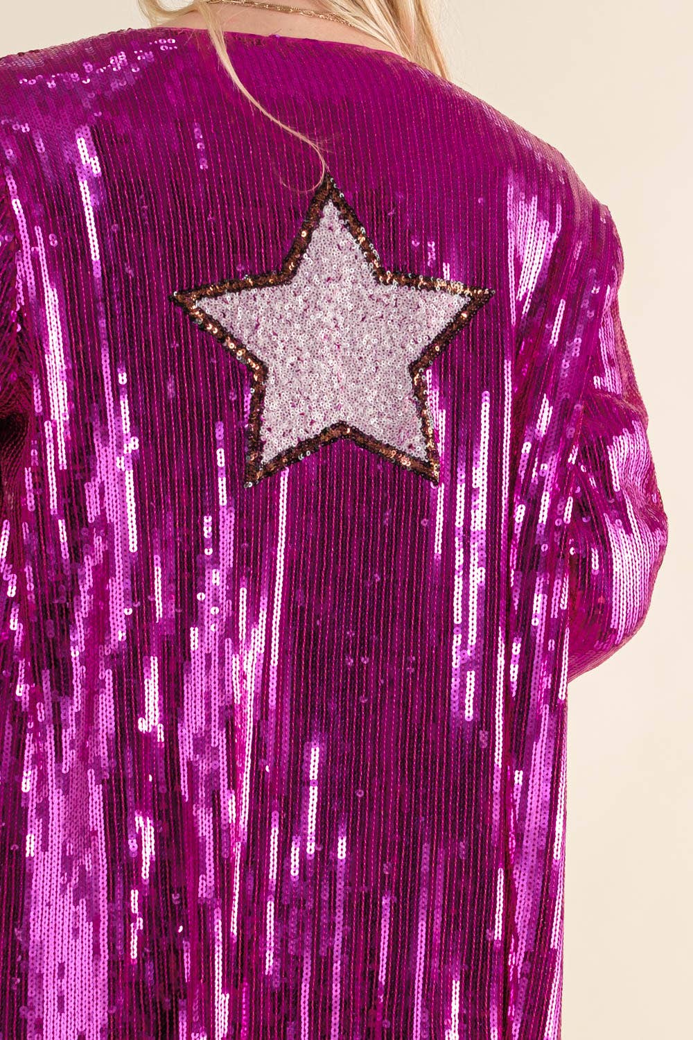 Sequin Fringe Star Back Open Cardigan - hot pink