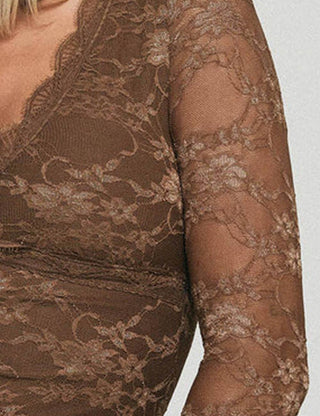 V-Neck Long Sleeves Lace Bodycon Top: Brown