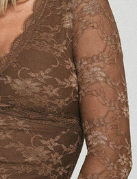 Thumbnail for V-Neck Long Sleeves Lace Bodycon Top: Brown