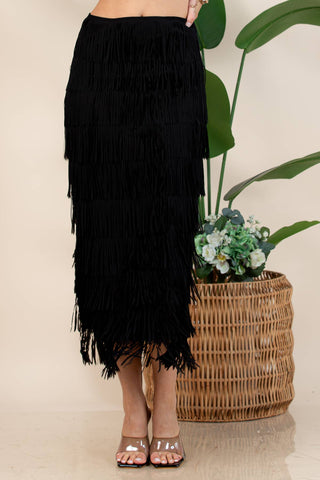 Western Fringed Piñata Midi Skirt: Black