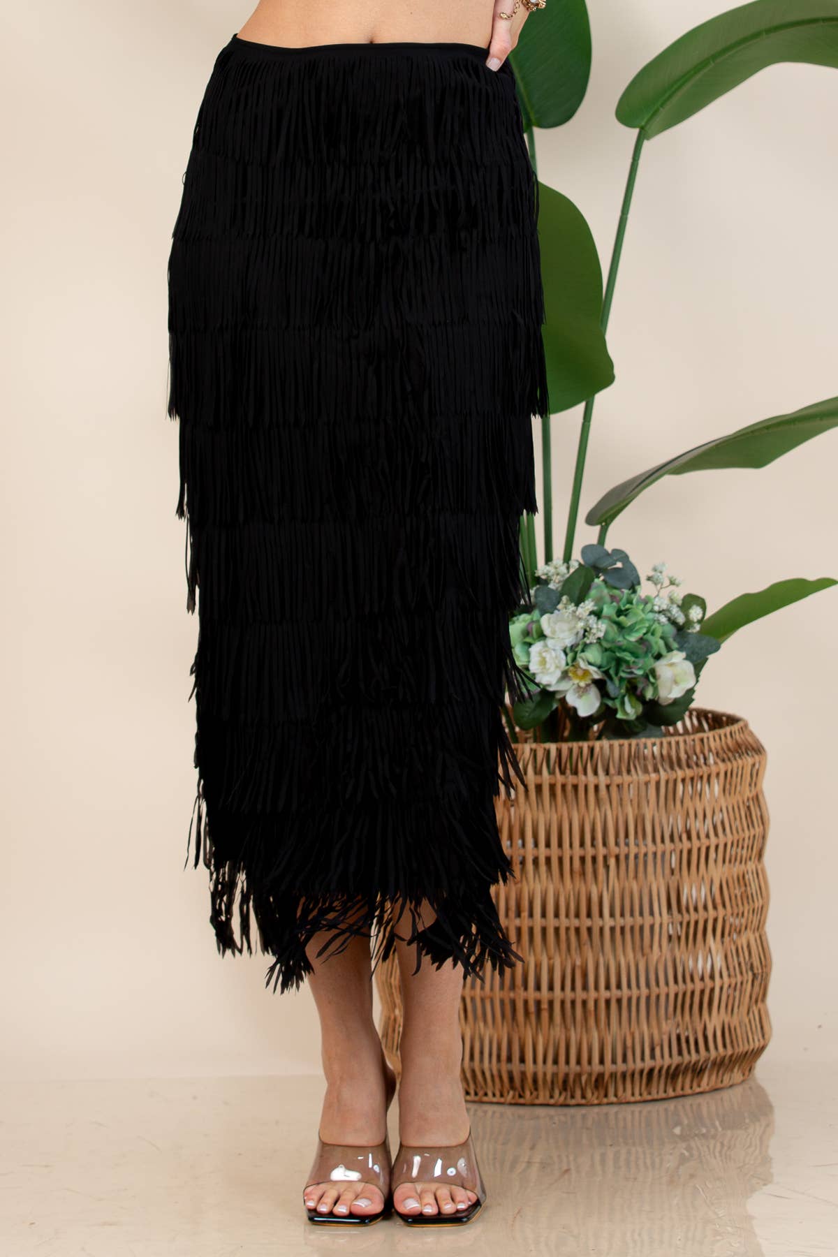Western Fringed Piñata Midi Skirt: Black