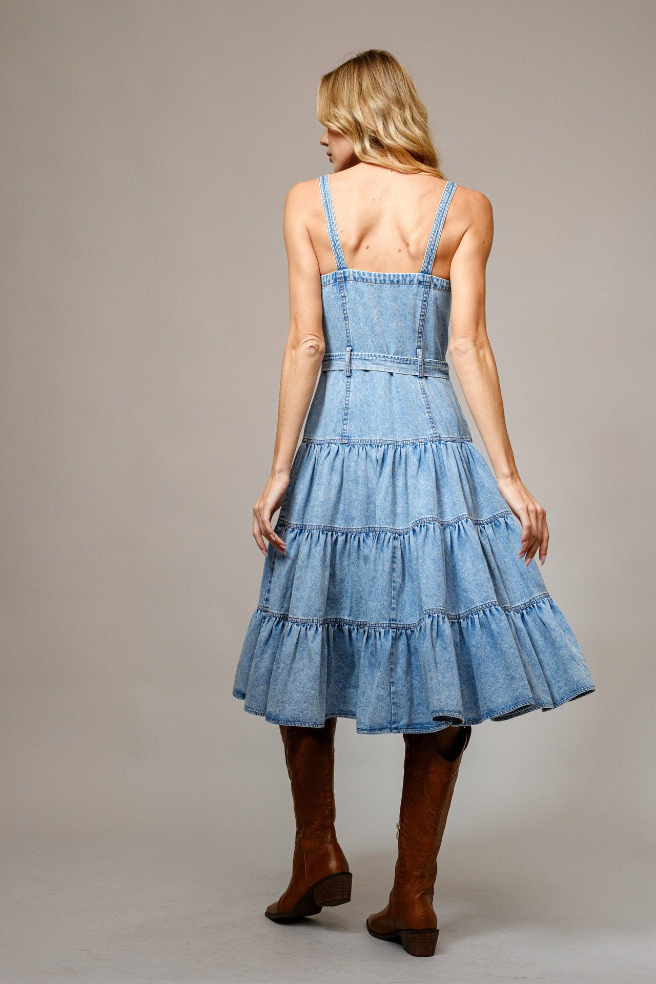 Denim Light Wash Tiered Zip Midi Dress