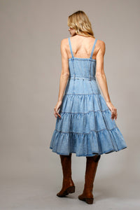 Thumbnail for Denim Light Wash Tiered Zip Midi Dress