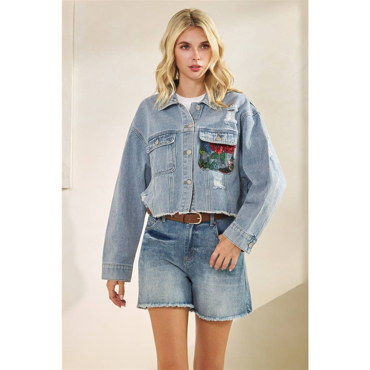 Classic Denim Jacket with Lace Floral Contrast: Med Wash