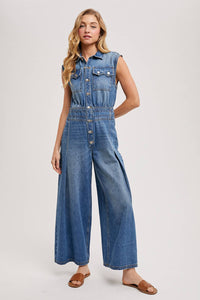 Thumbnail for DENIM SLEEVELESS SHIRT JUMPSUIT: MED.WASH