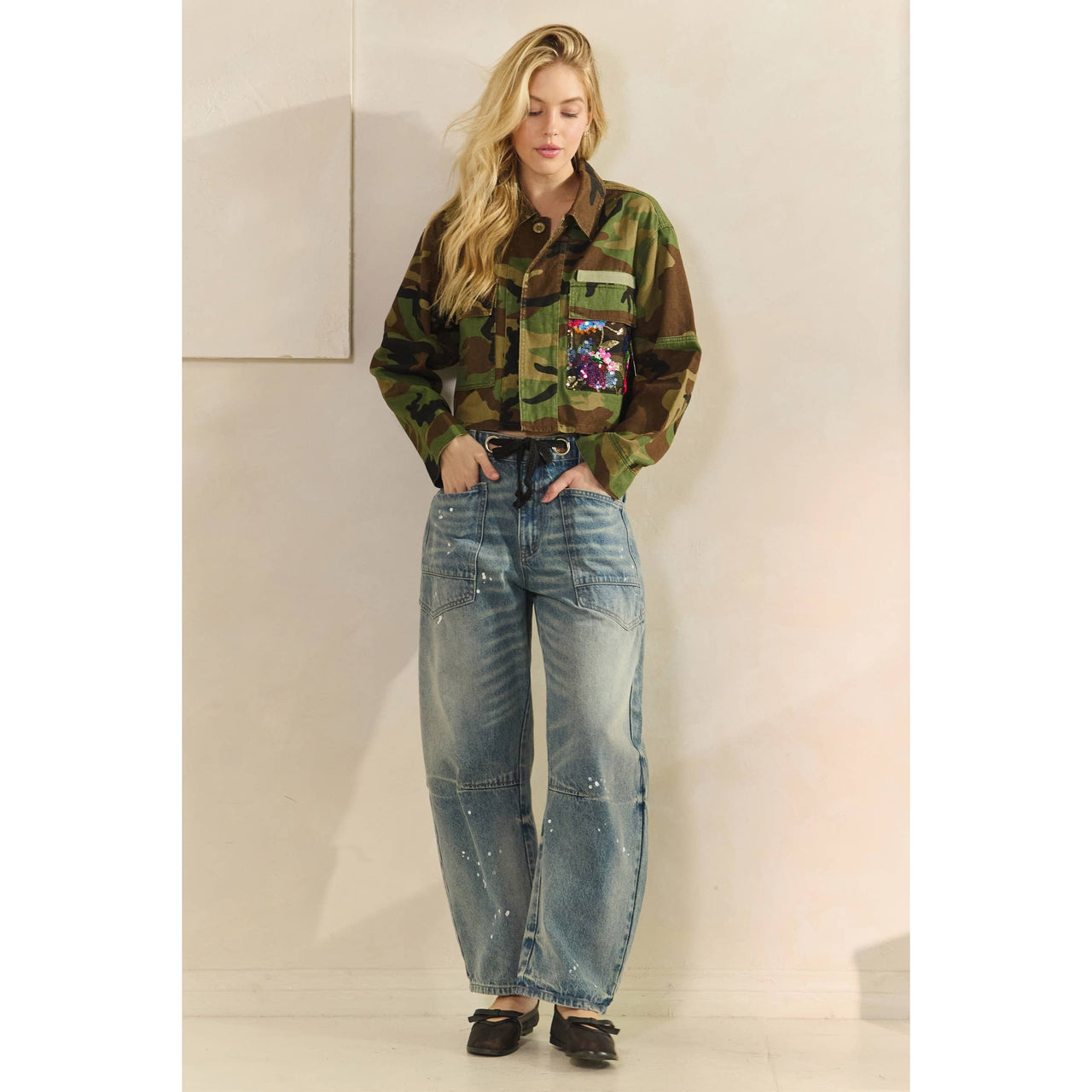 Camo Sequins Contrast Jacket: Camo Sequin