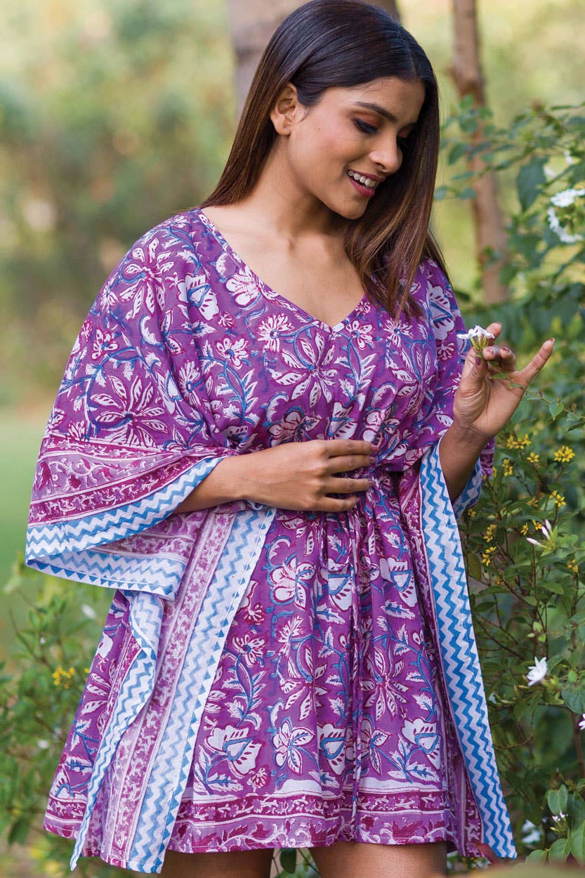 Short Printed Caftan: Purple & Fuchsia