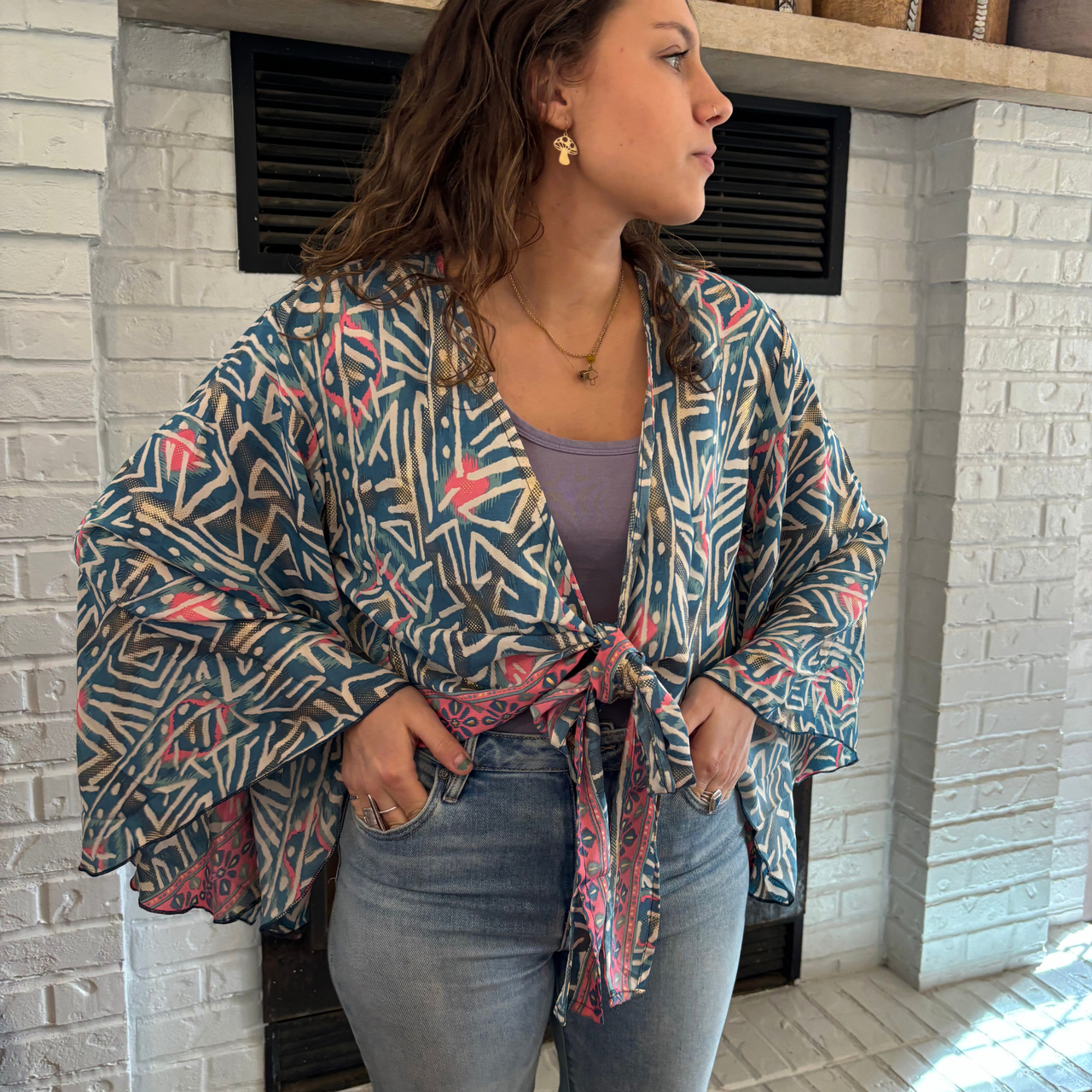 Silk Flutter Sleeve Tie Top | 100% Silk One Size | blue hot pink gold