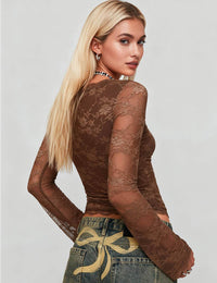 Thumbnail for V-Neck Long Sleeves Lace Bodycon Top: Brown