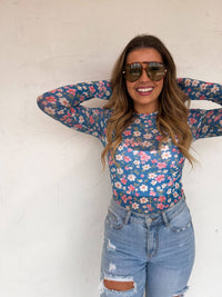 Thumbnail for Blue Floral Mesh Layering Top