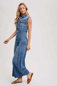 Thumbnail for DENIM SLEEVELESS SHIRT JUMPSUIT: MED.WASH