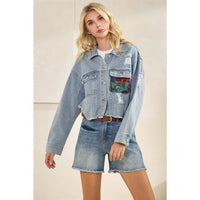Thumbnail for Classic Denim Jacket with Lace Floral Contrast: Med Wash