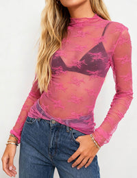 Thumbnail for Layering Floral Lace See Through Mesh Top Rose Pink