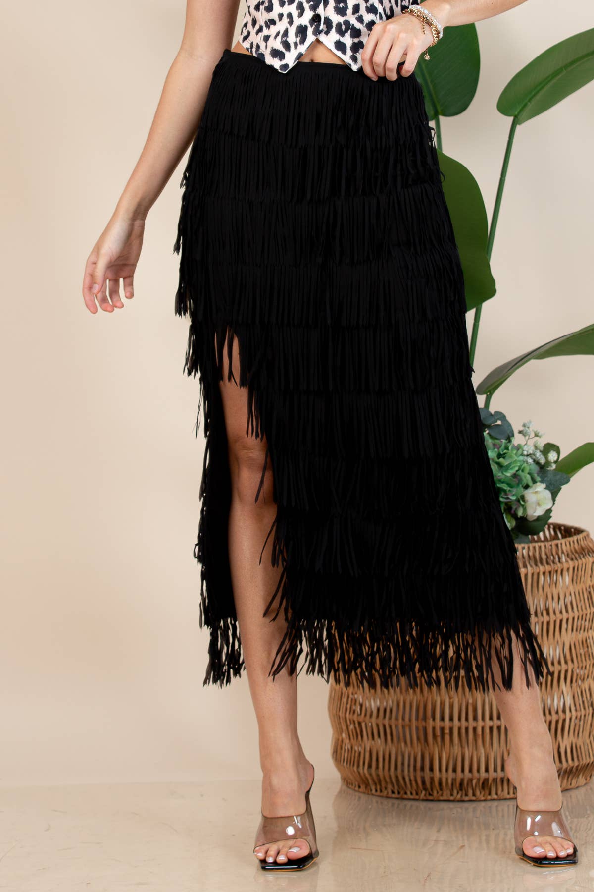 Western Fringed Piñata Midi Skirt: Black