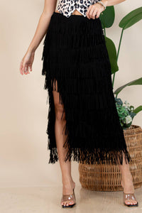 Thumbnail for Western Fringed Piñata Midi Skirt: Black