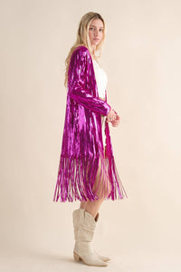 Thumbnail for Sequin Fringe Star Back Open Cardigan - hot pink
