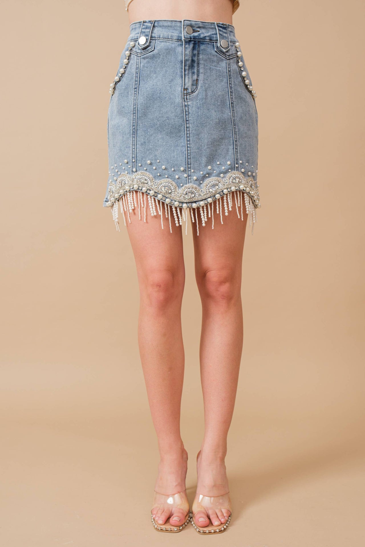 Stretch Denim Embellished Pearl Fringe Mini Skirt: MED WASH