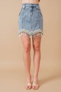 Thumbnail for Stretch Denim Embellished Pearl Fringe Mini Skirt: MED WASH