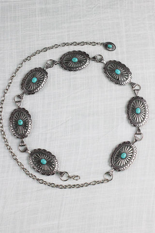 Vintage Turquoise Chain Belt – Classic Western Elegance: Antique Silver