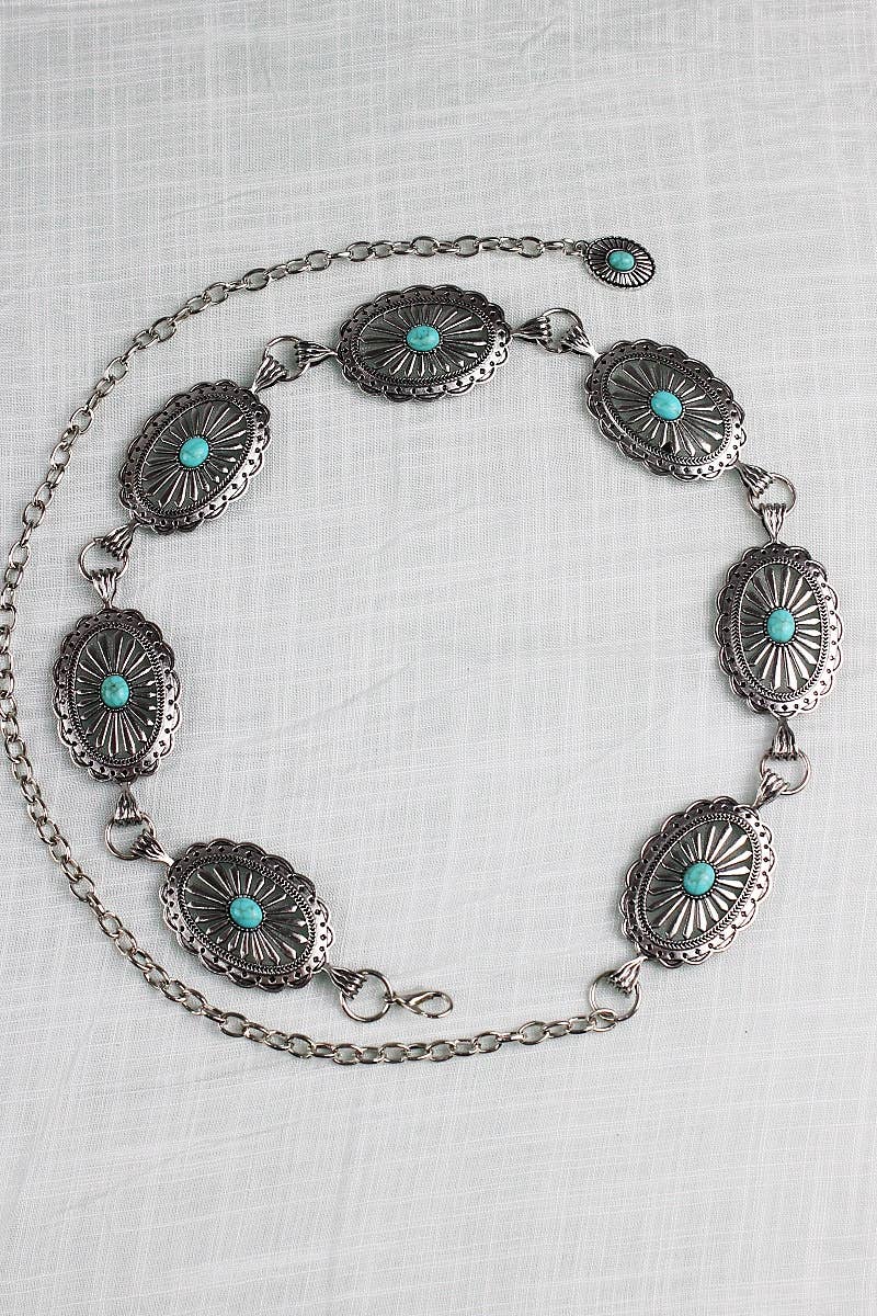 Vintage Turquoise Chain Belt – Classic Western Elegance: Antique Silver