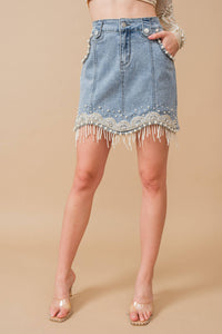 Thumbnail for Stretch Denim Embellished Pearl Fringe Mini Skirt: MED WASH