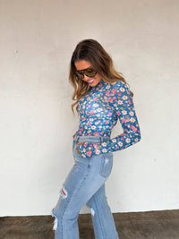 Thumbnail for Blue Floral Mesh Layering Top