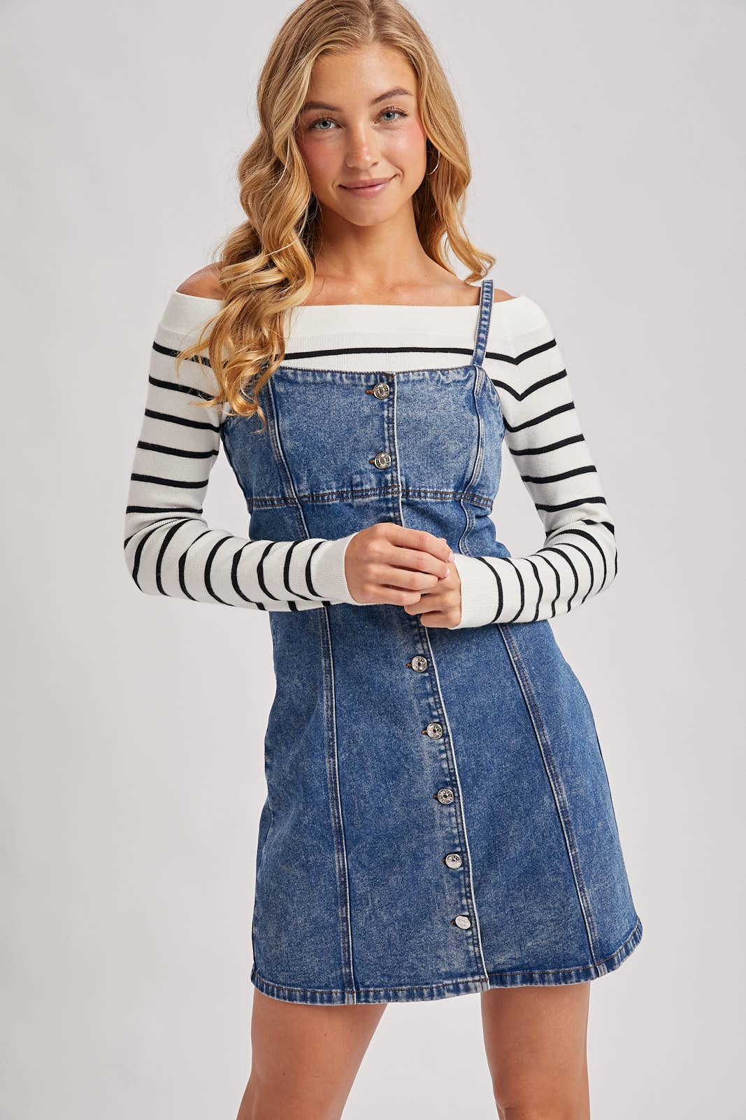 DENIM BUTTON DOWN MINI DRESS: LT.WASH