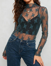 Thumbnail for Teal Layering Floral Lace See Through Mesh Top