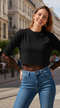 Thumbnail for Cotton Lace Mix Bodysuit: Black
